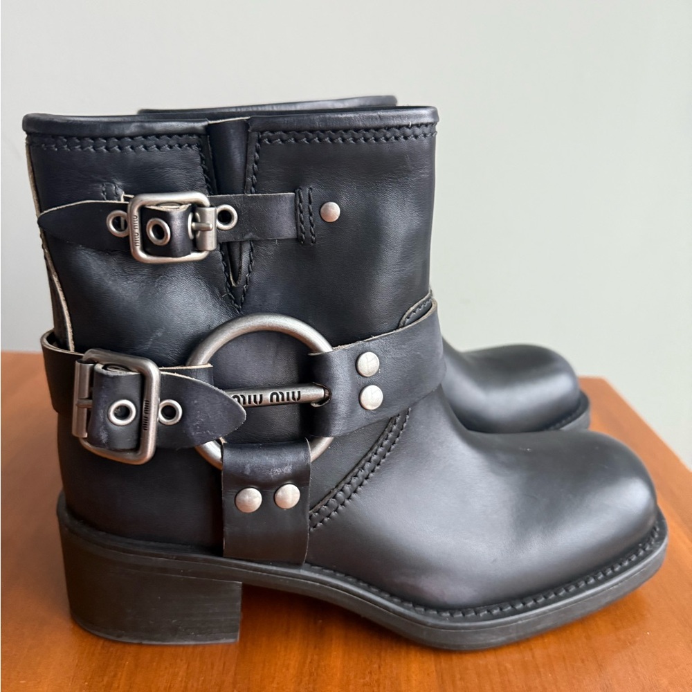 Miu Miu Black Moto Boots with Buckle Detail